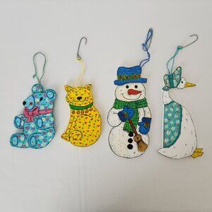 Vintage'1978 C.Kennedy Bubany 4 Pc. Flat Wooden Hand Painted Christmas Ornaments